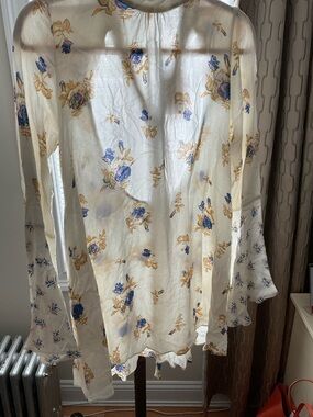 Free People Ivory Combo Floral Tie-Front Top